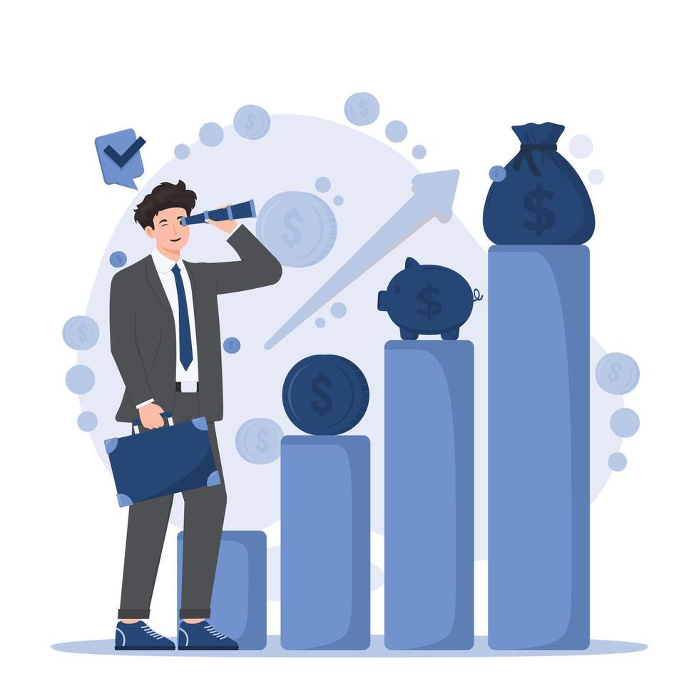 Investment and saving money concept set showing financial growth, budgeting, and future planning with charts and coins vector