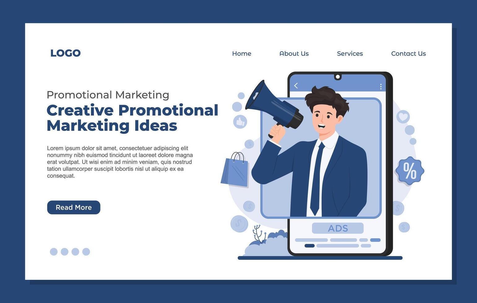 landing page template for mobile marketing and online advertising. Man with megaphone on smartphone screen. vector