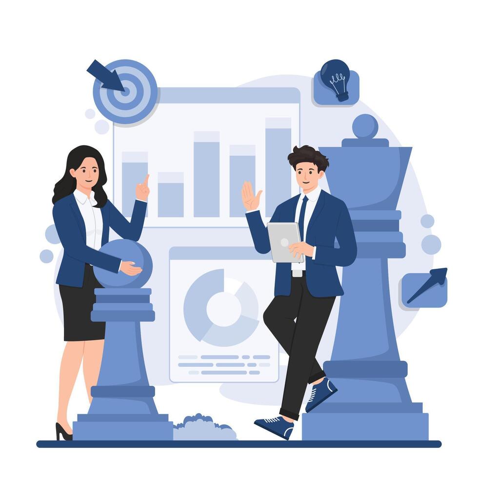 Business strategy concept achieve goal effective business planning innovation and teamwork discuss vector