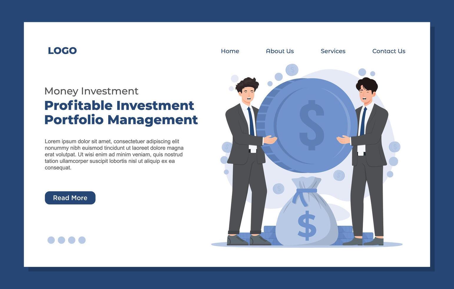 Landing page design template of project management. Businessman with dollar coin. vector