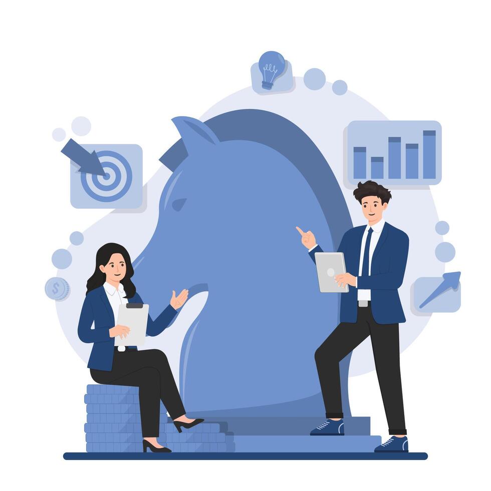 Businessman and businesswoman sitting on stack of coins with piggy bank. Business strategy vector