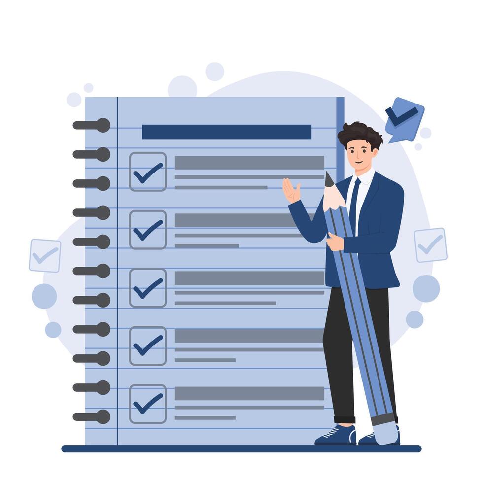 Businessman with pencil and checklist report . illustration in flat style. vector