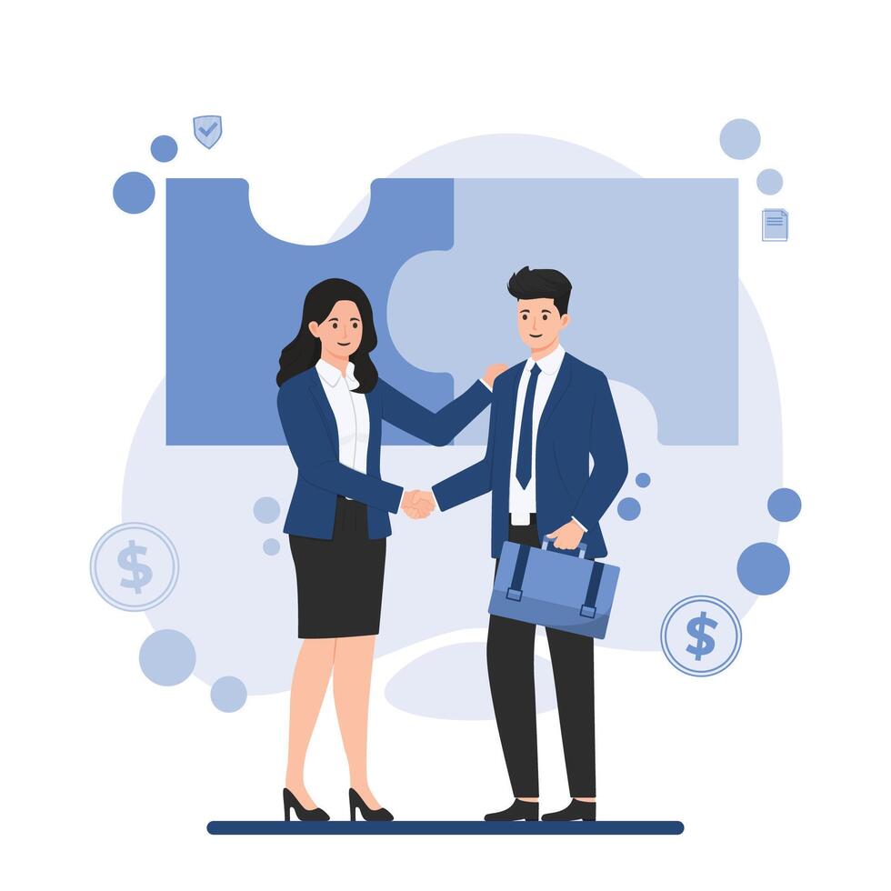 Businessman and businesswoman shaking hands. Business partnership MOU vector