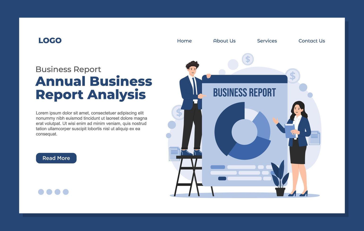Business report business analysis and planning, financial reporteting strategy. Landing page template. vector