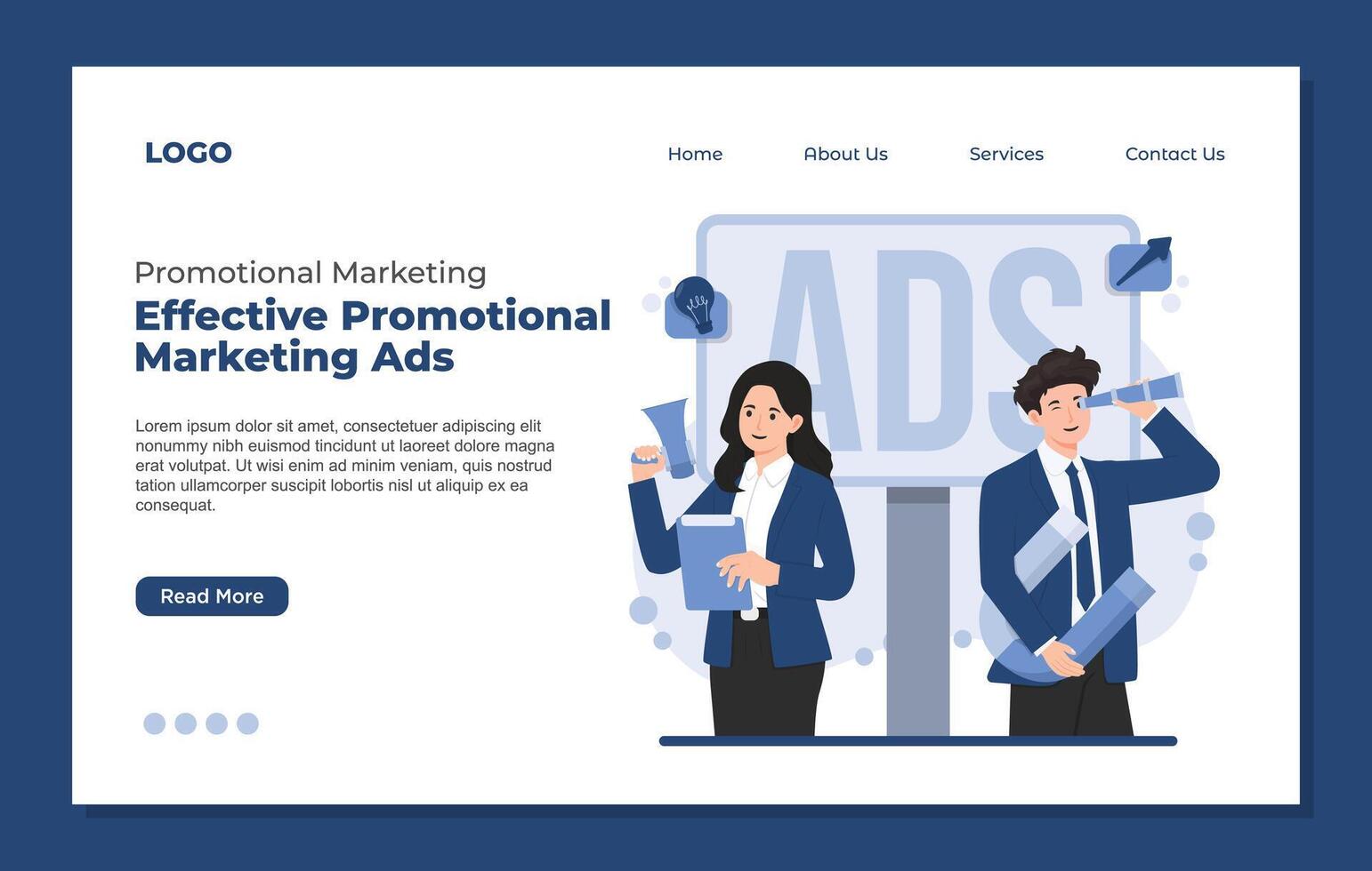 Landing page template Promotional marketing product digital ads concept set highlighting brand awareness, online advertising, and customer engagement vector