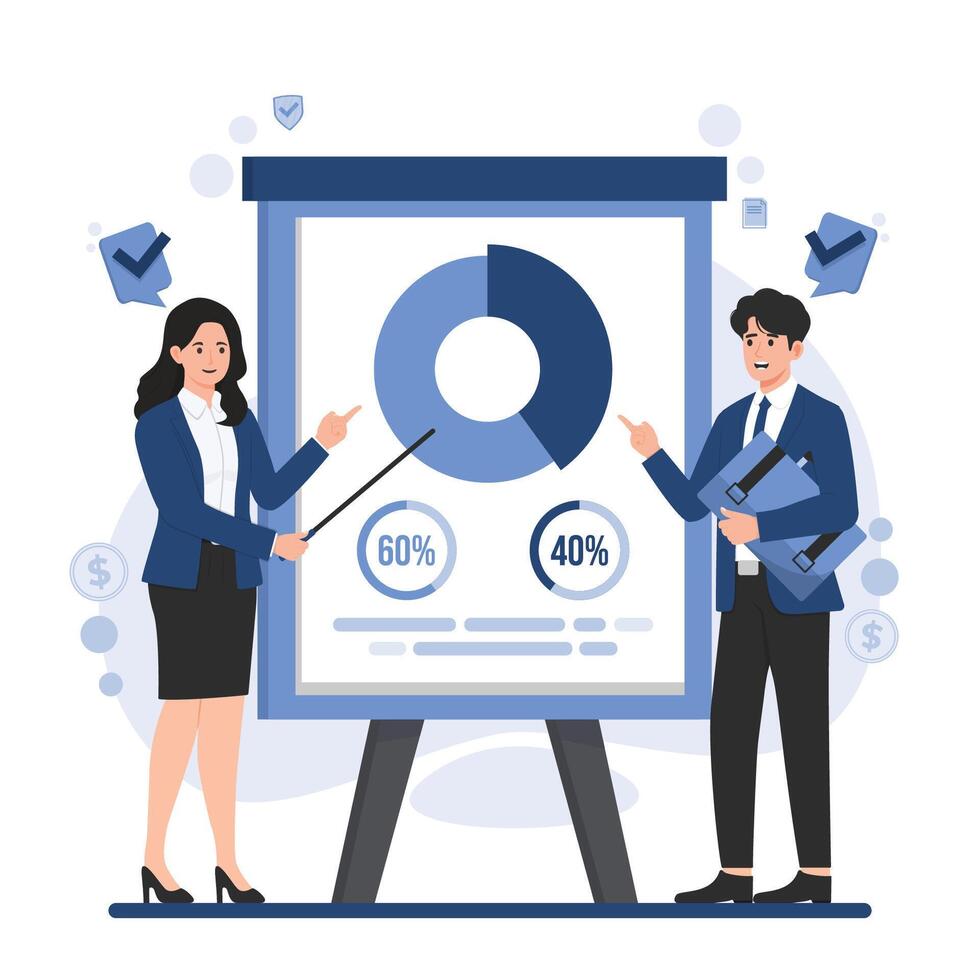 Businessman and businesswoman standing near flipchart with pie chart. Business partnership MOU vector