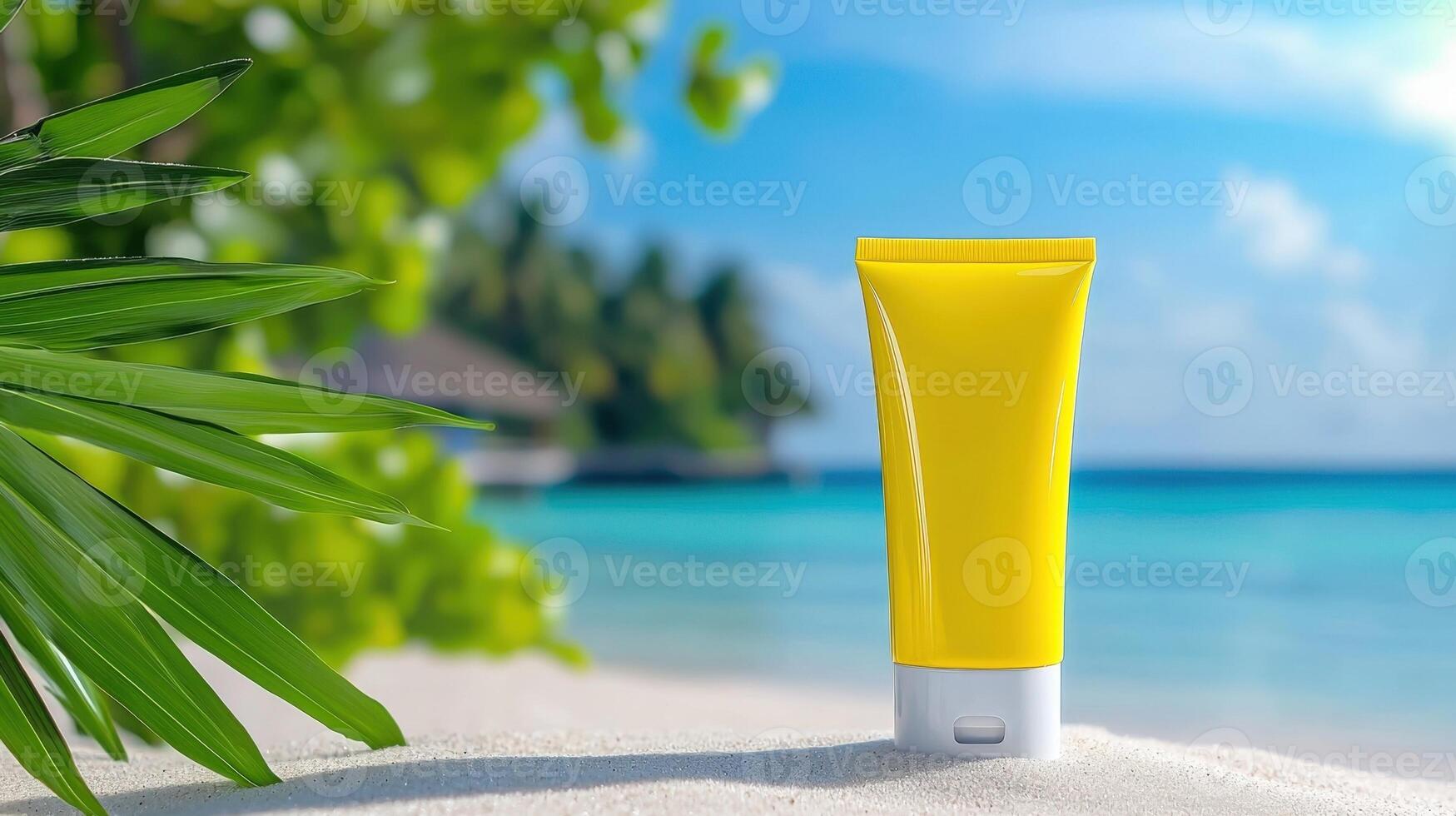 Sunscreen mockup lotion bottle in yellow cosmetics cream tube container standing on white sand with tropical beach in background photo