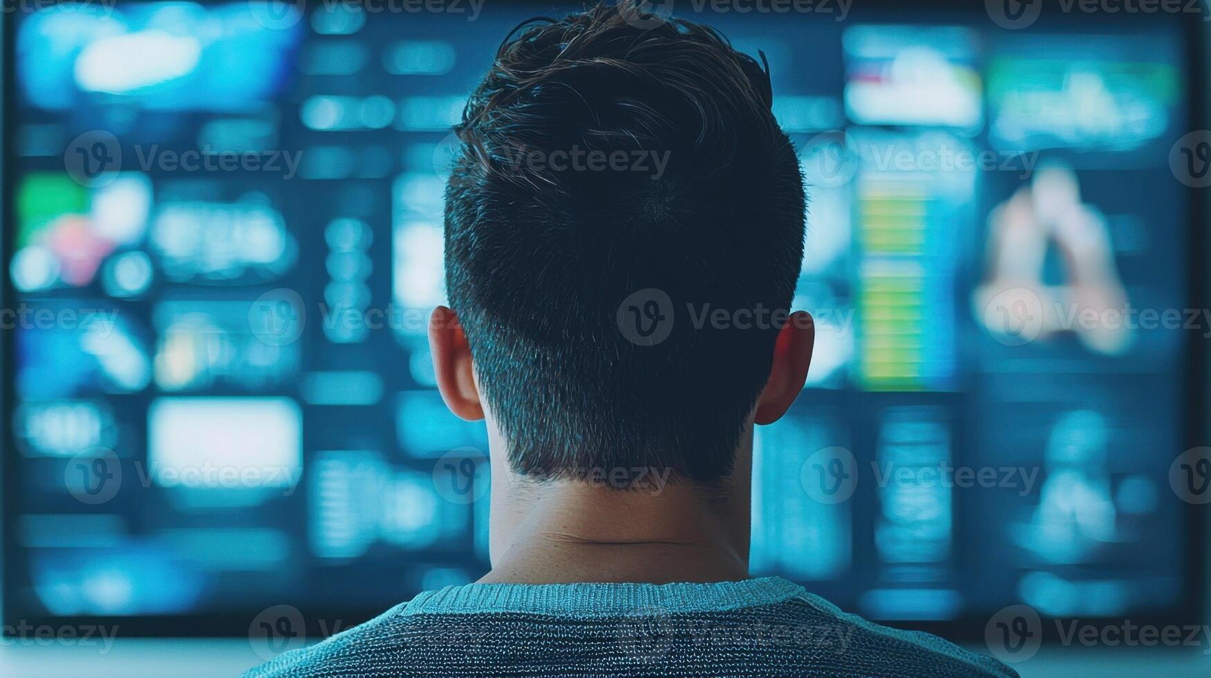 Back view of sport fan man watching football match and making at bets bookmaker's website in front of TV screen home photo