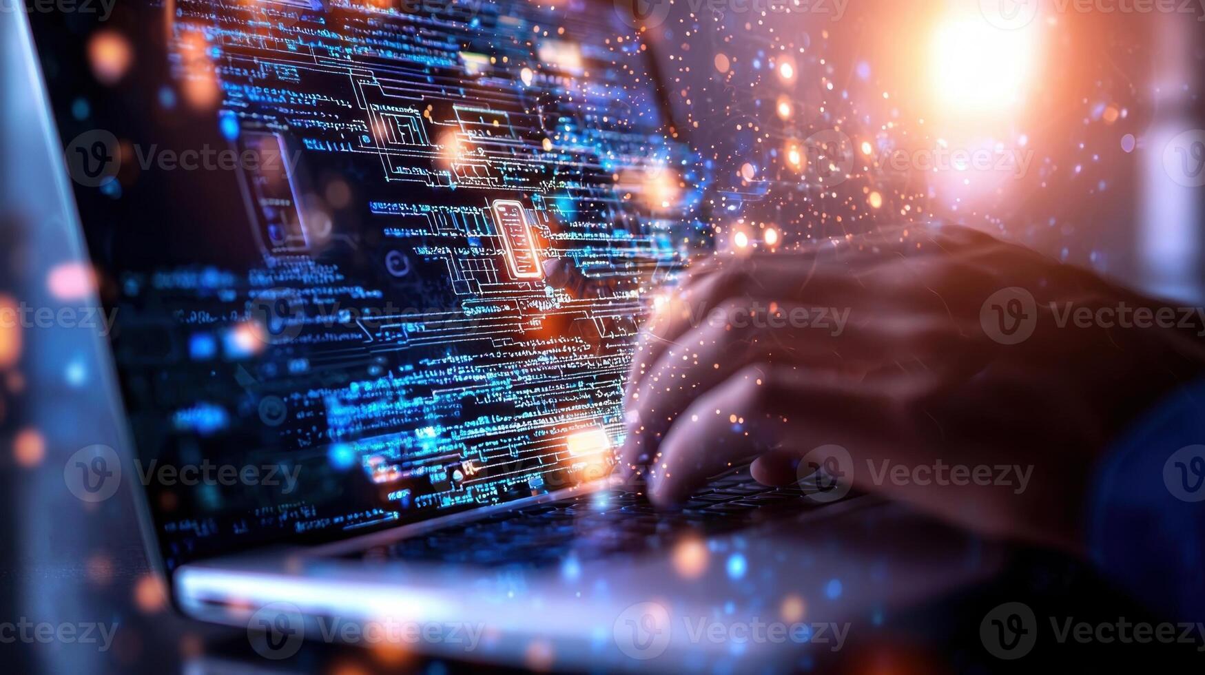 Programmer developing innovative software using futuristic holographic futuristic interface person's computer on a laptop, AI neon holographic icons and data visuals, hand technology photo