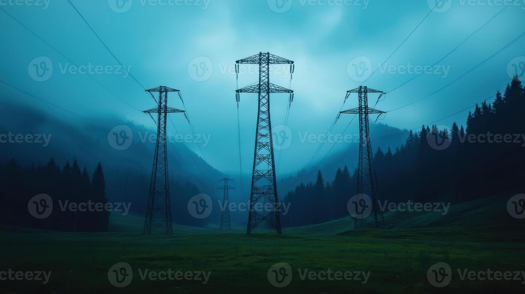 Group Electricity pylons and high voltage of transmission power against stand silhouetted lines a vibrant sunset sky photo