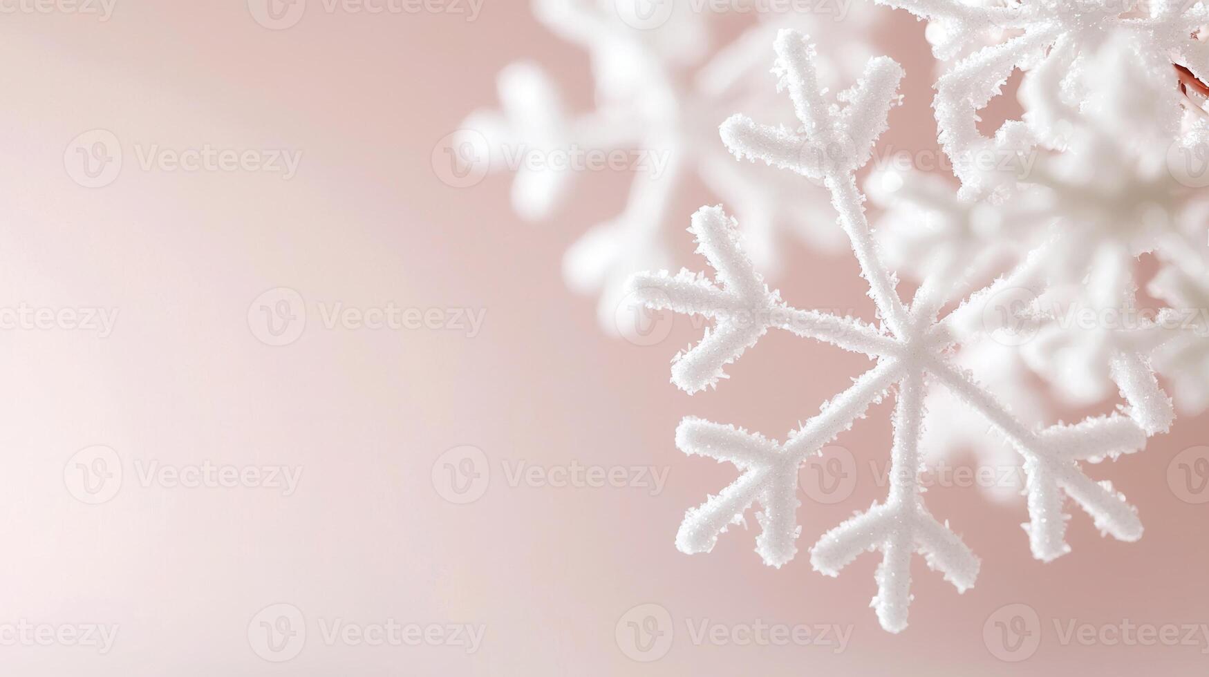 Delicate white winter snowflake ornament dangling against christmas pastel background, embodying seasonal charm and festive elegance photo