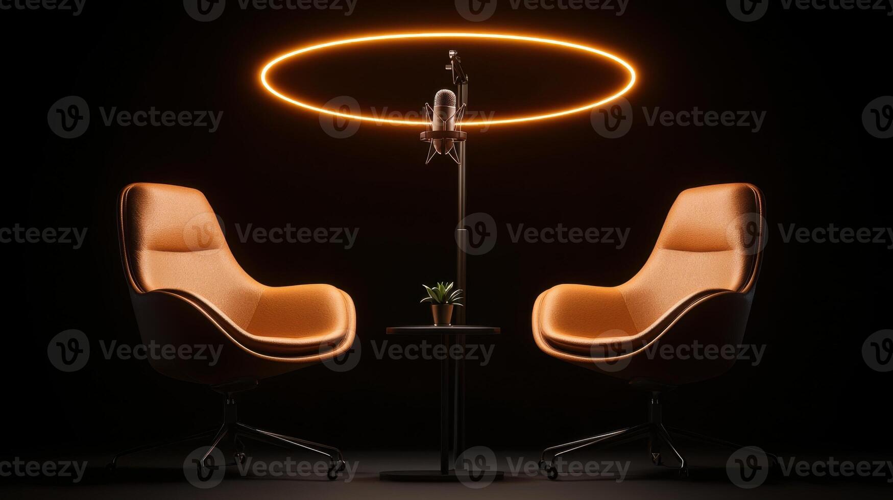 Modern podcast studio setup with neon two empty chairs, small table, and circular microphone, light, ready for recording photo