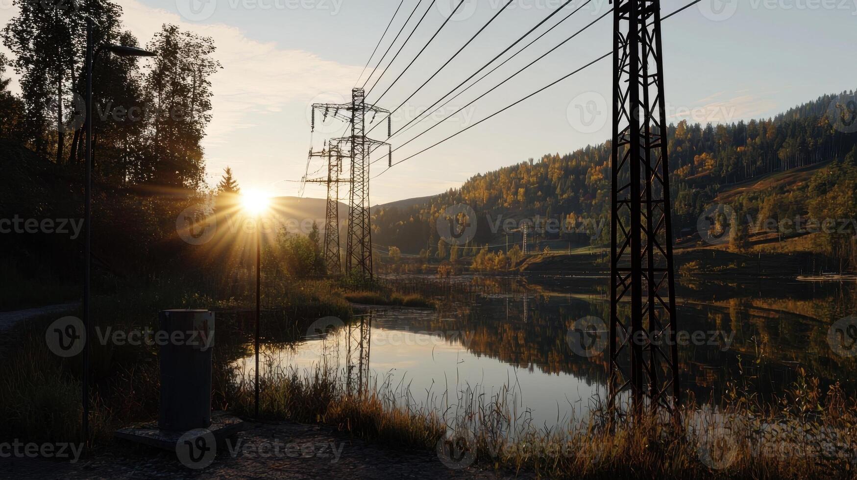 Electric powerlines pylons and high voltage power stand lines silhouetted against a vibrant sunset sky photo