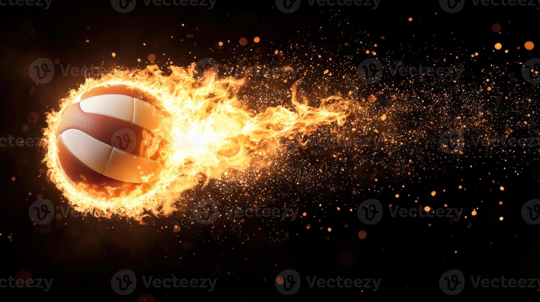 White volleyball ball burning in flames on a blurred sparkling black background on fire flying, perfect concepts sport for copy space for text photo
