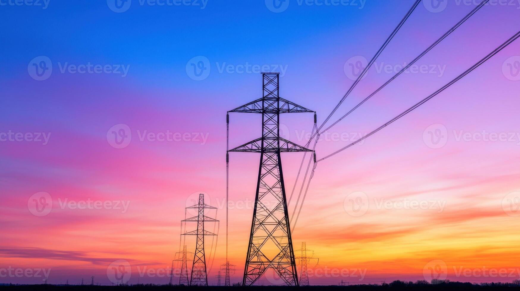 sky pylons and high voltage power lines stand silhouetted against a Electricity sunset vibrant photo