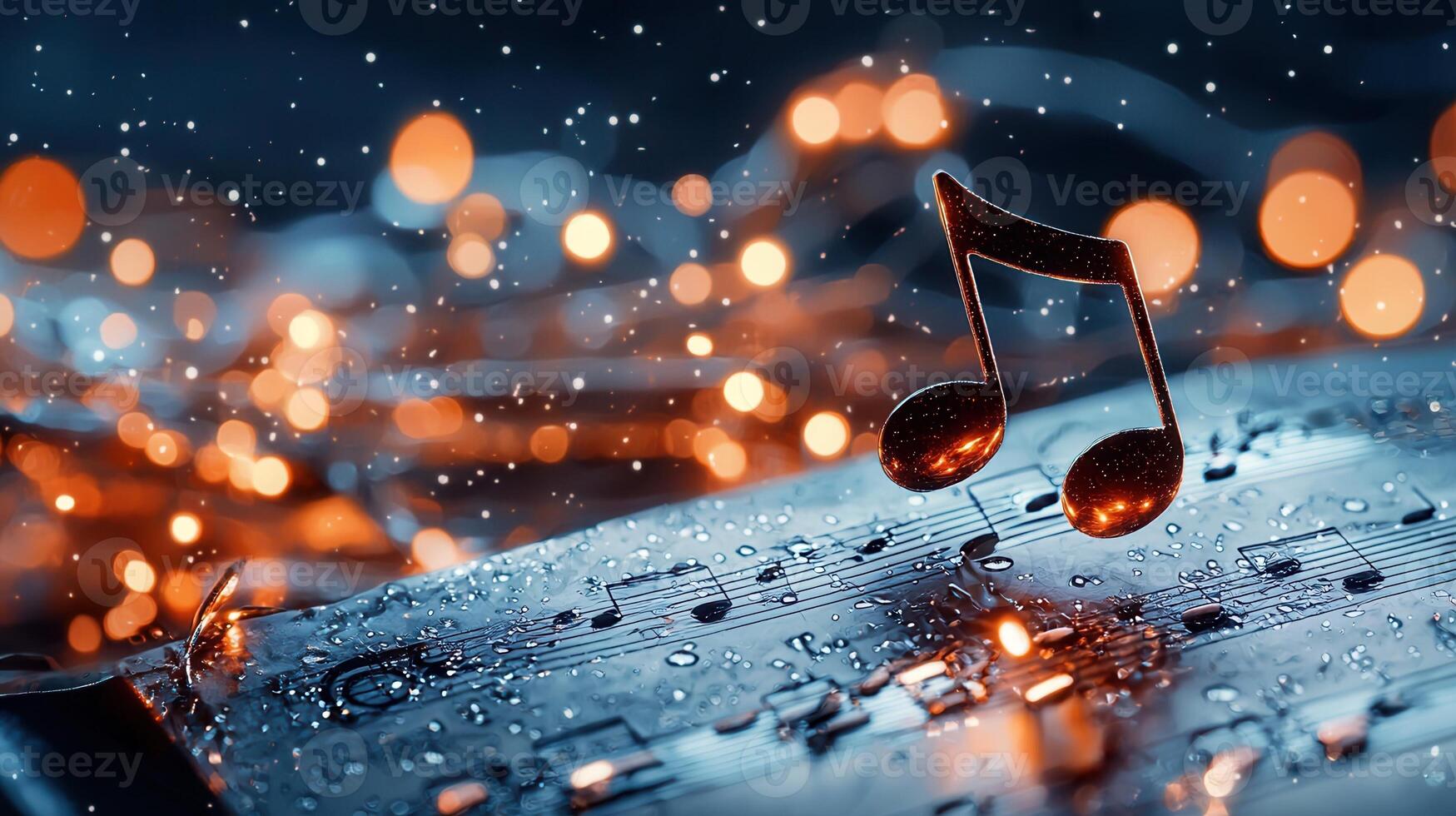 Music abstract notes are floating projects a colorful bokeh background, creating a vibrant and festive atmosphere perfect for music related on photo