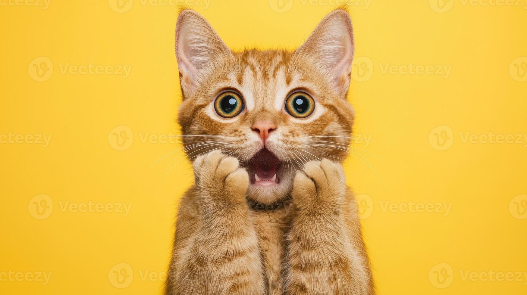 Wide eyed very surprised tabby cat marveling, mouth agape, against bright yellow background, pure feline shock and wonder photo