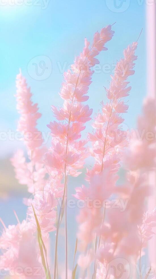Pink blossoms glowing under golden rays, soft petals spreading across dreamy blurred landscape, embodying delicate spring time tranquility background photo
