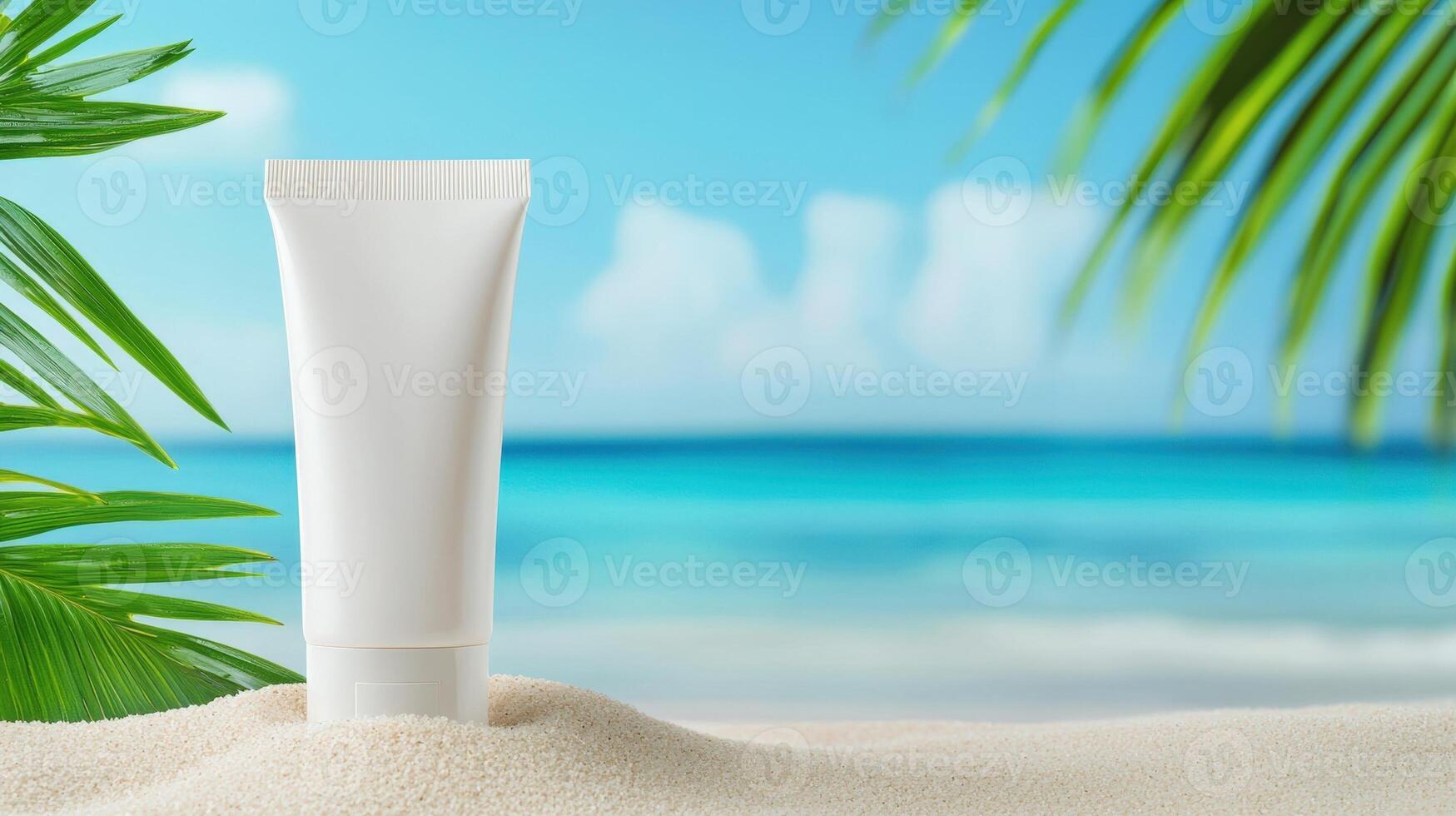 Sunscreen mockup bottle white cosmetics cream tube resting on white sandy beach, turquoise waters glistening near frond palm tropical background photo