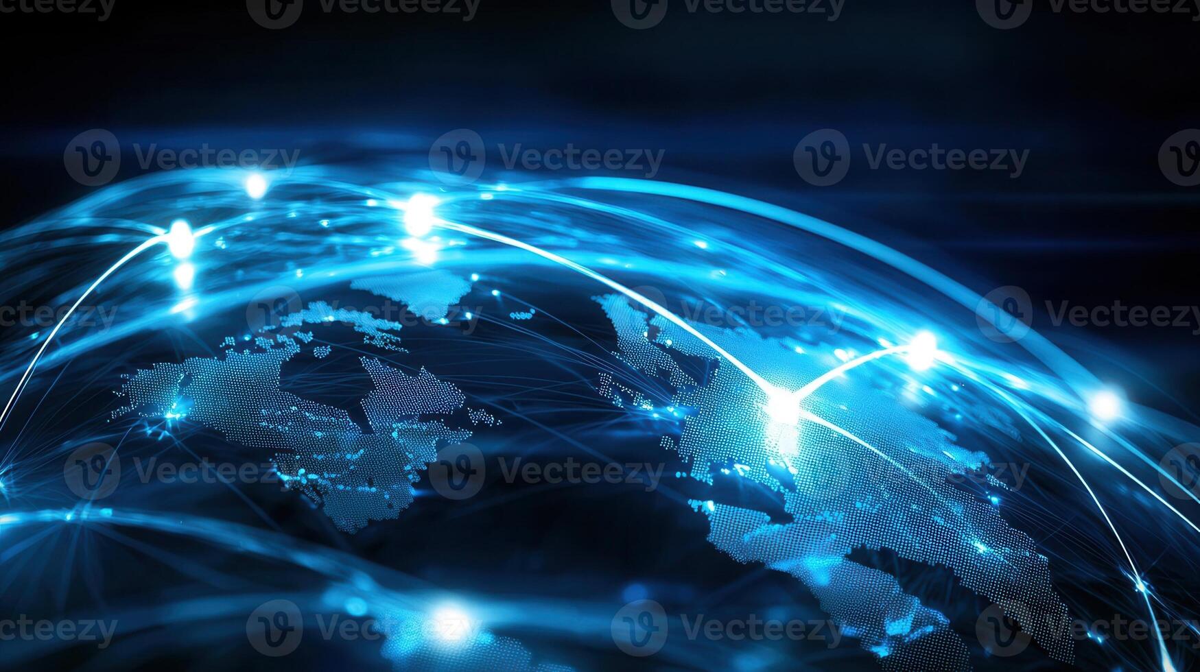Bright lines connecting continents on digital world map illustrating global data exchange and international communication photo