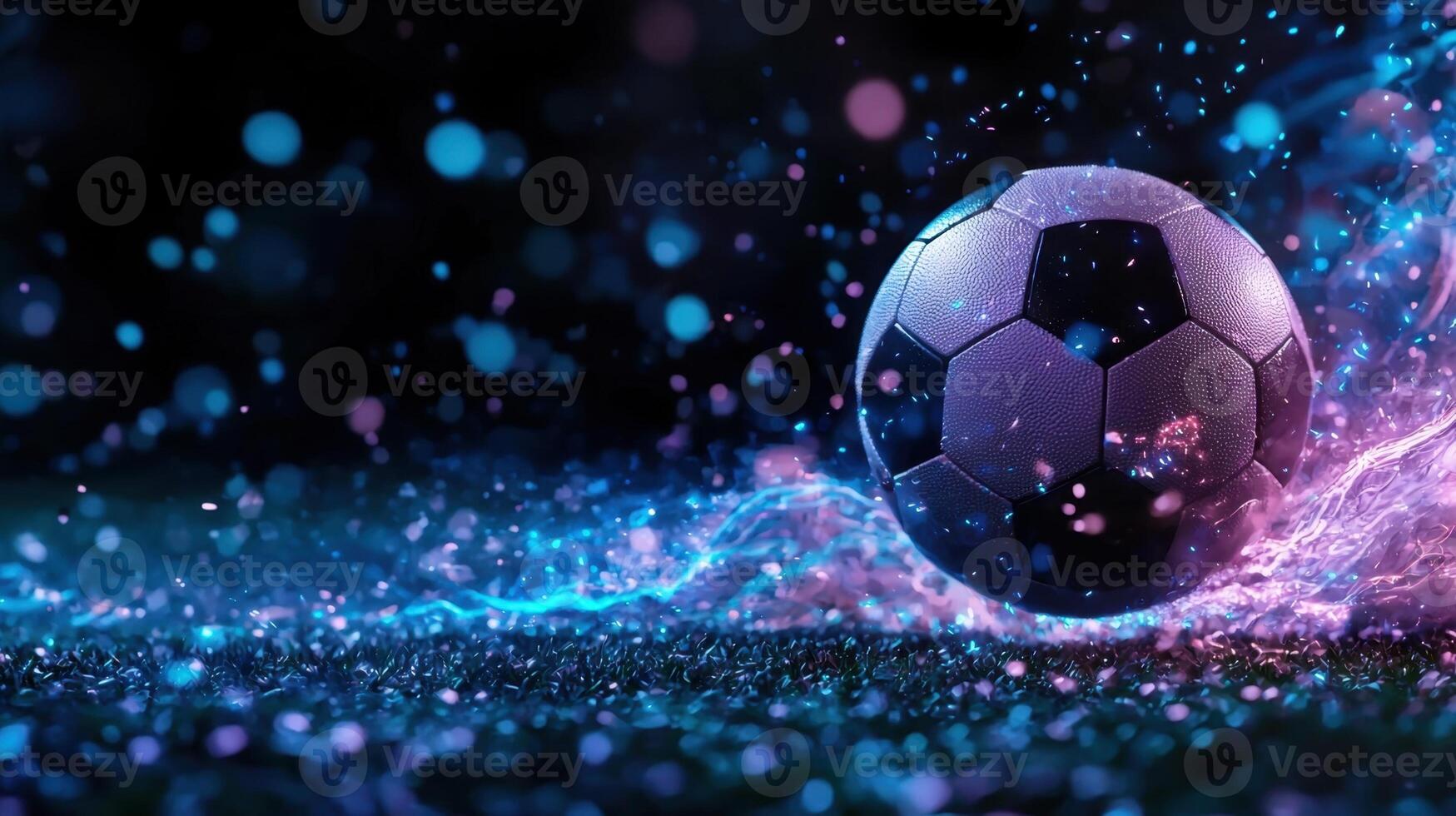 Classic football soccer ball illuminated themes vibrant blue and pink neon lights on a gradient background, perfect for sports and recreation copy by space for text photo