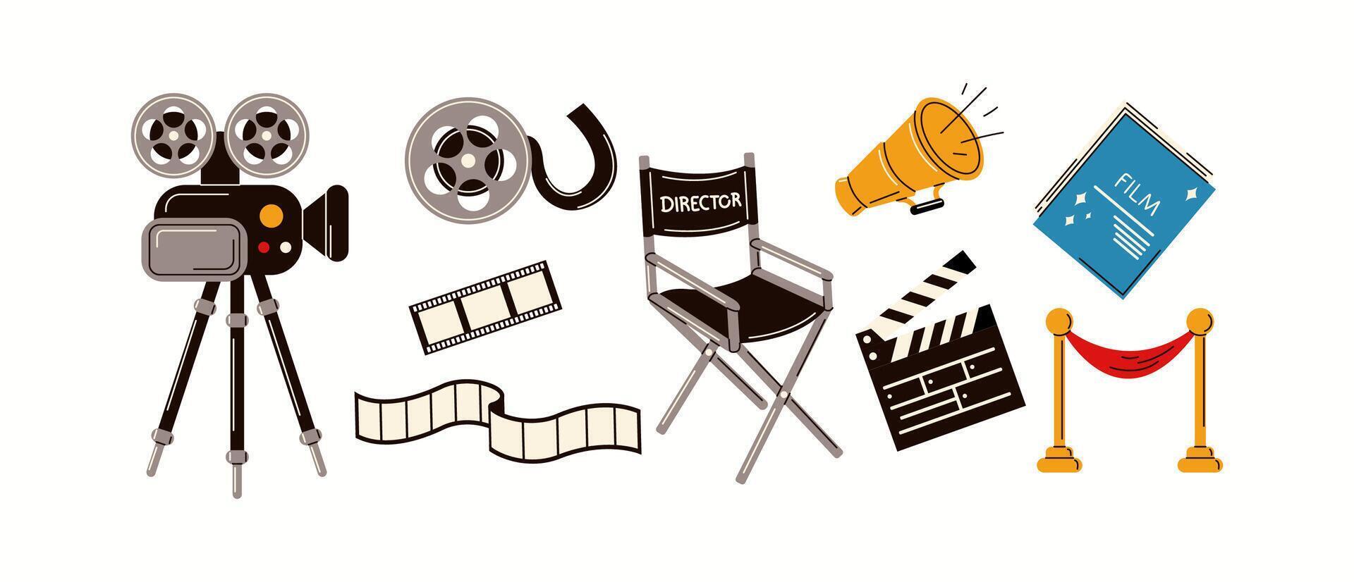 Illustration featuring essential filmmaking tools including a vintage camera, directors chair, megaphone, film reel, and script, drawn in a modern style. vector
