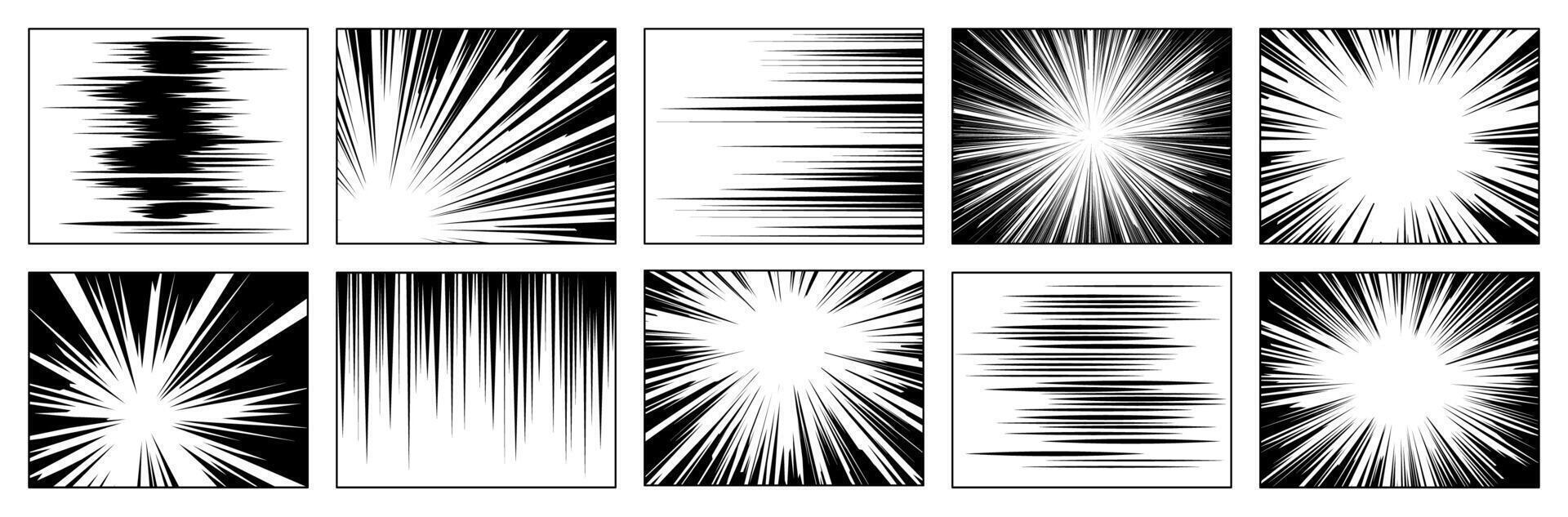 Set of ten images displaying dynamic speed lines typically used in comics to convey motion and impact. Each illustration features varying directions, thicknesses, and intensities of lines. vector