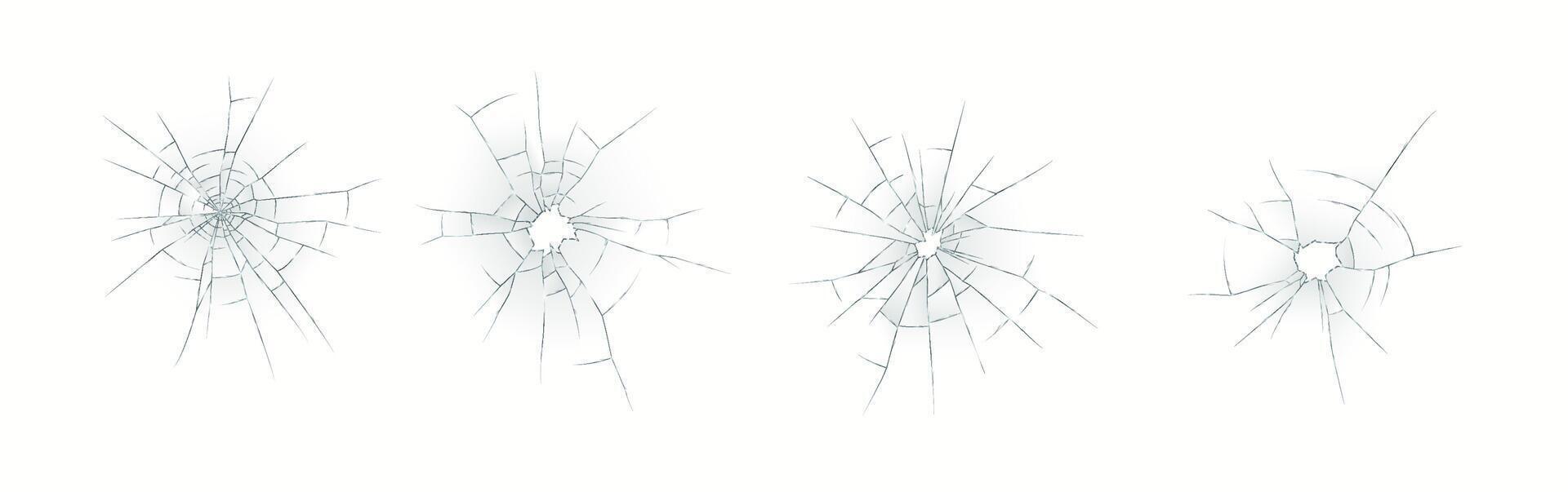 Four illustrations depicting realistic and detailed cracked glass textures on a white background. The cracks radiate from central impact points, creating intricate patterns. vector
