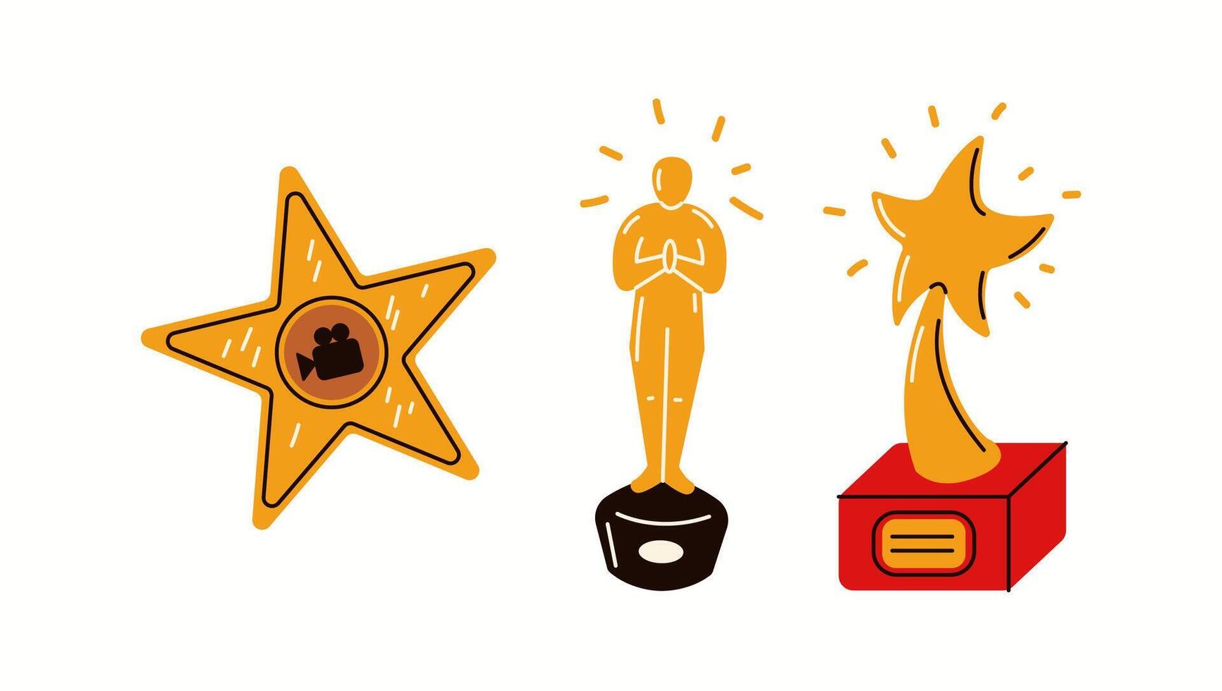 Flat illustration featuring a Hollywood-style star, a golden trophy, and an abstract award statue. Symbolic representation of cinema and achievements. vector
