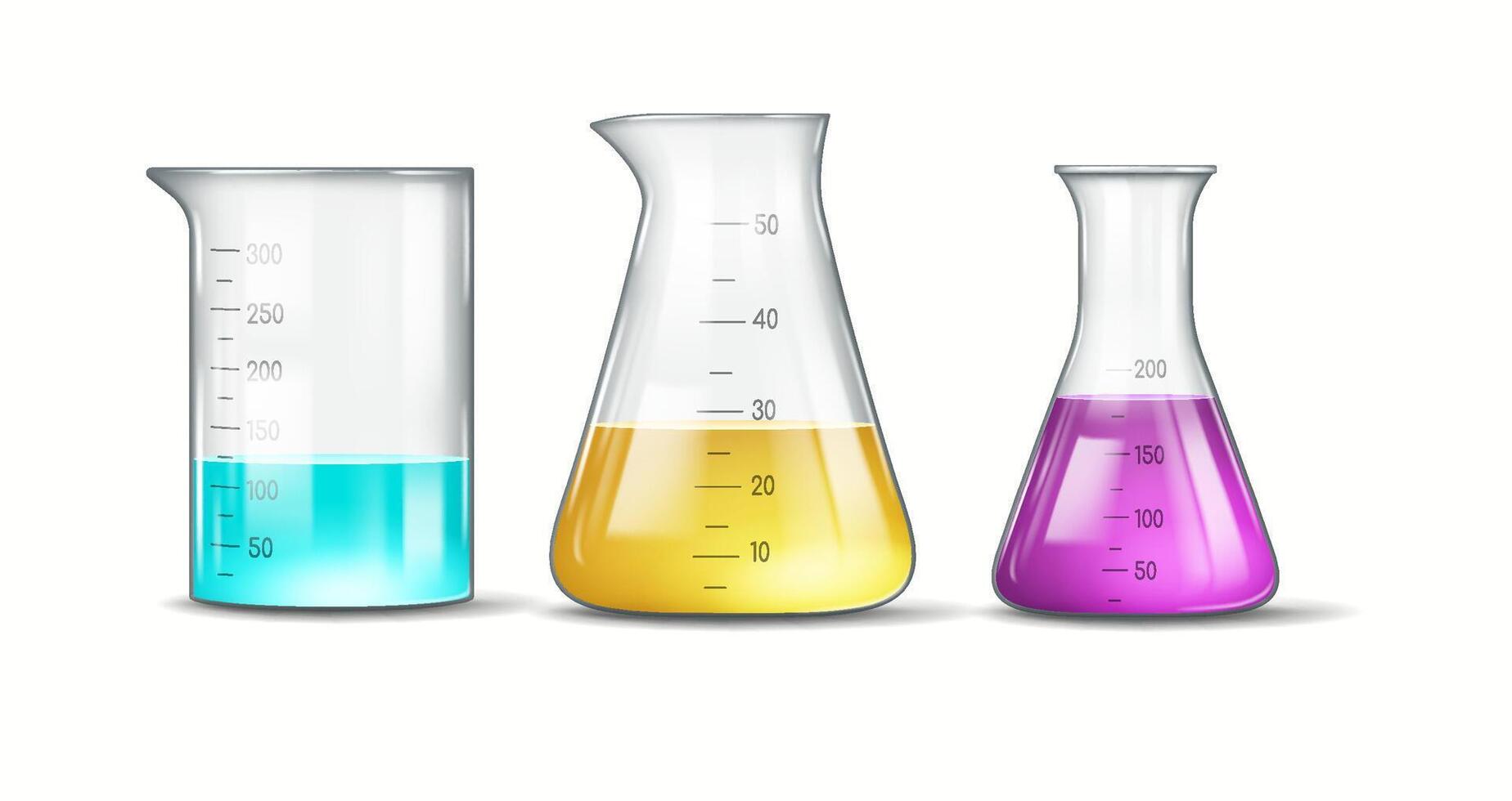 Three laboratory flasks filled with colorful liquids on white background. Displayed liquids include blue in cylindrical beaker, yellow in conical flask, and violet in Erlenmeyer flask. vector