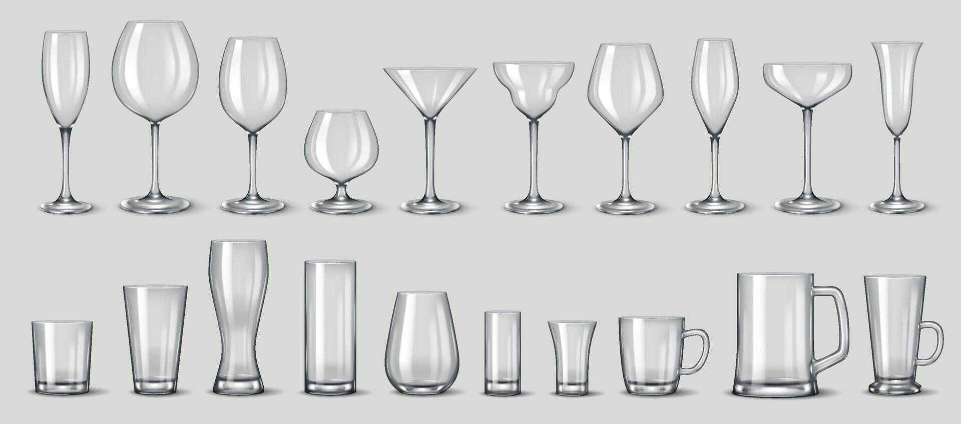 Realistic 3D illustration of a complete collection of glassware for alcoholic and non-alcoholic beverages, including wine, beer, and cocktail glasses. vector