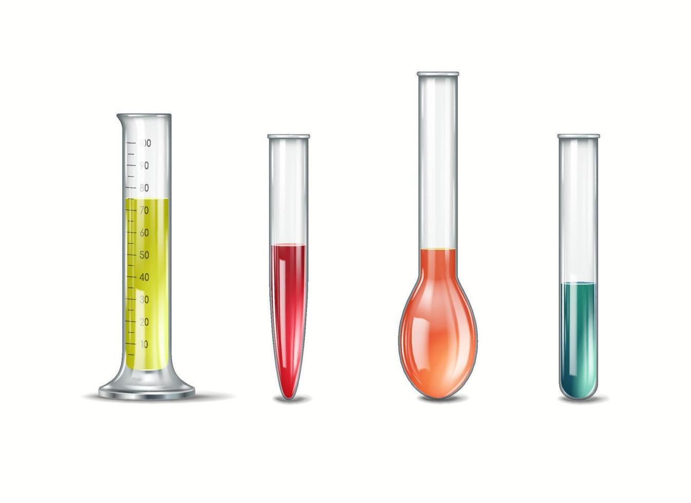 Illustration of different laboratory glassware including test tubes and flasks filled with colorful liquids representing chemical substances in a scientific setting. vector