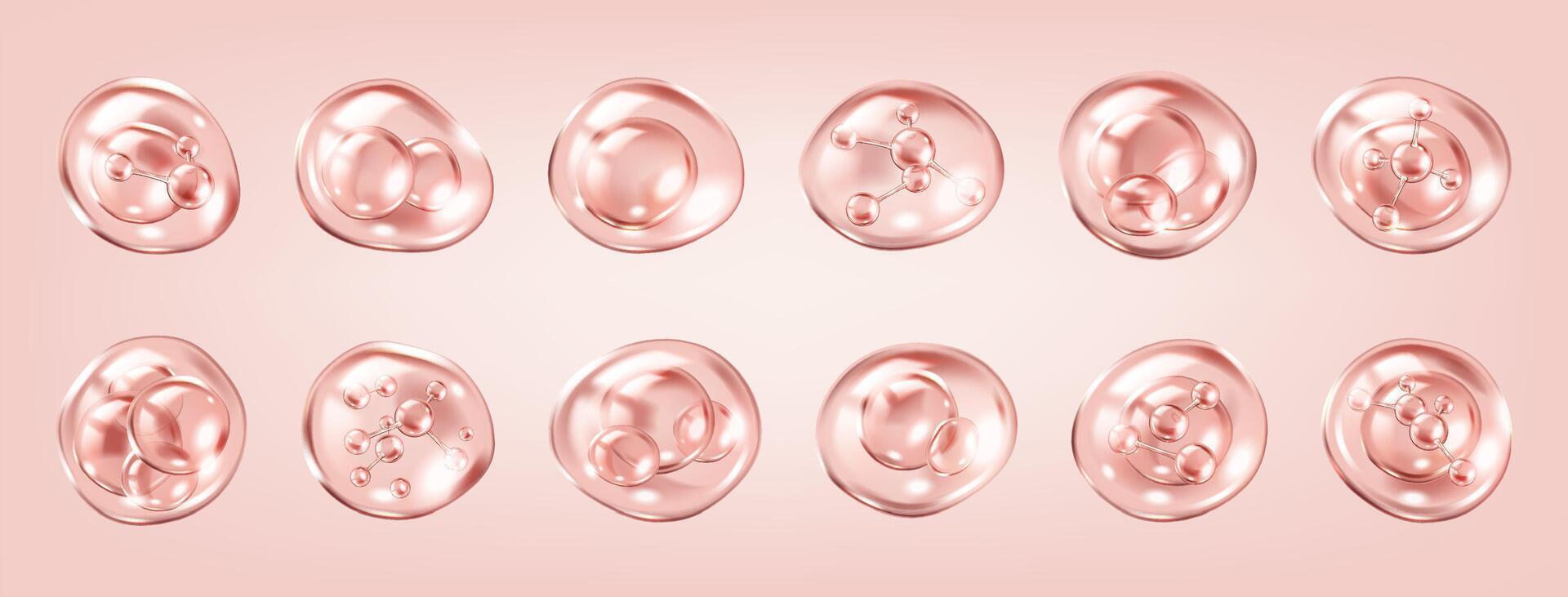 Microscopic view of collagen molecules realistic color icons set. Serum bubbles for skincare cosmetics 3d objects bundle on pink background vector