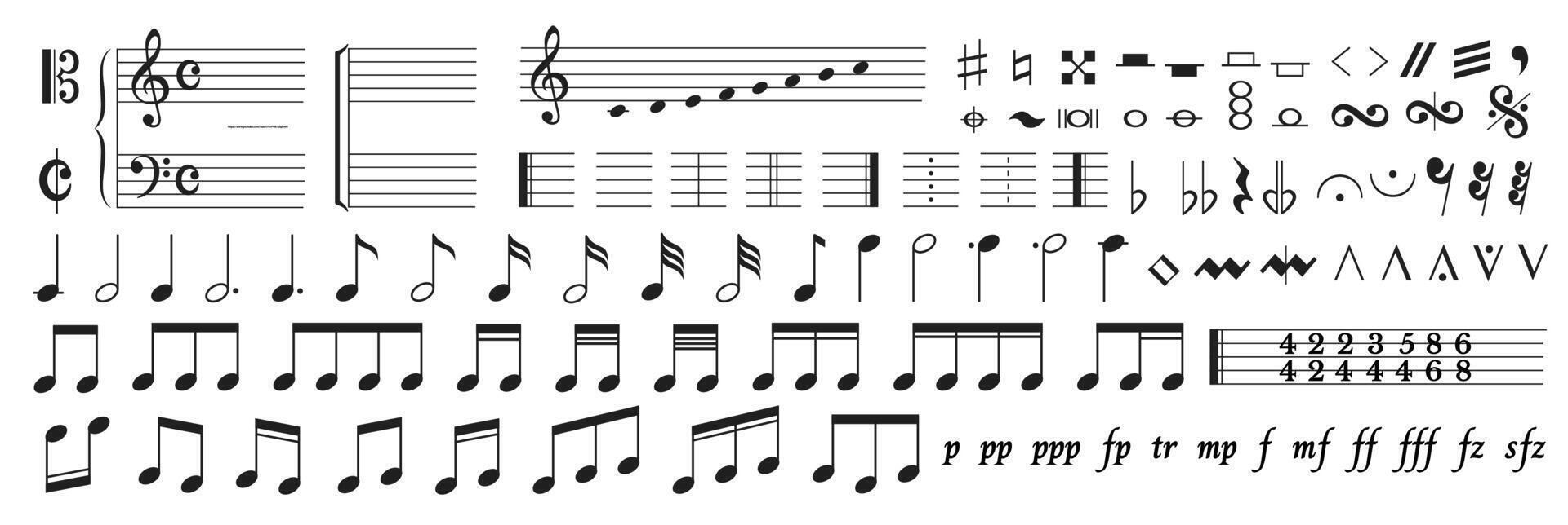 Diverse array of musical notation symbols representing notes, clefs, dynamics, and articulations. Essential for composers and musicians learning to read music. vector