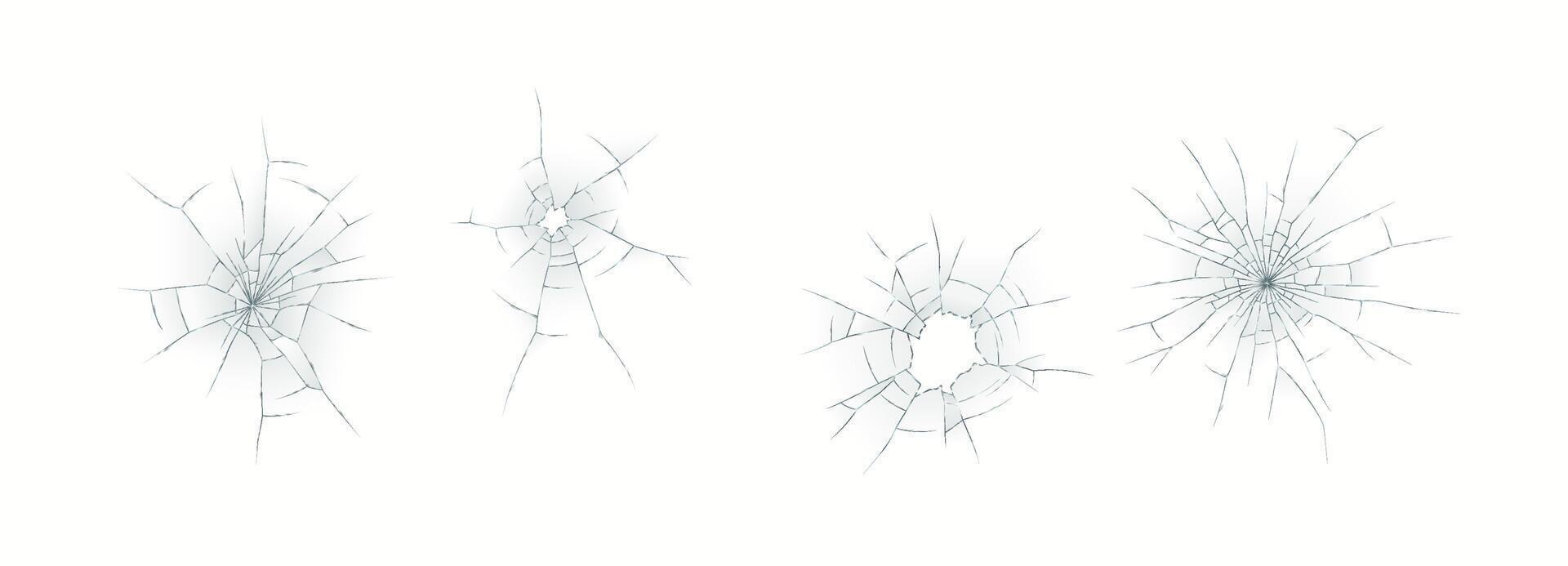 Set of realistic bullet hole cracks on glass surface with fine details and transparency on white background. Ideal for design projects and digital mockups. vector