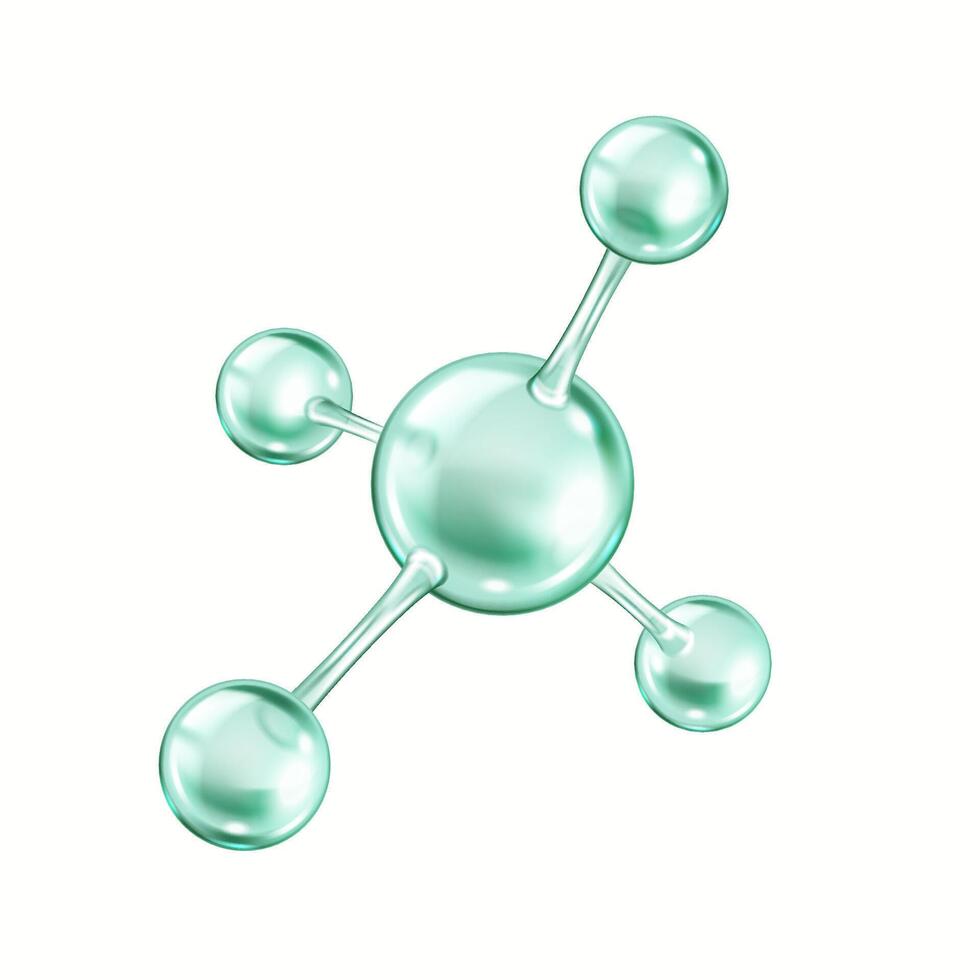 Rotating collagen molecule with atomic structure realistic illustration. Model made from green spheres 3d object on white background vector