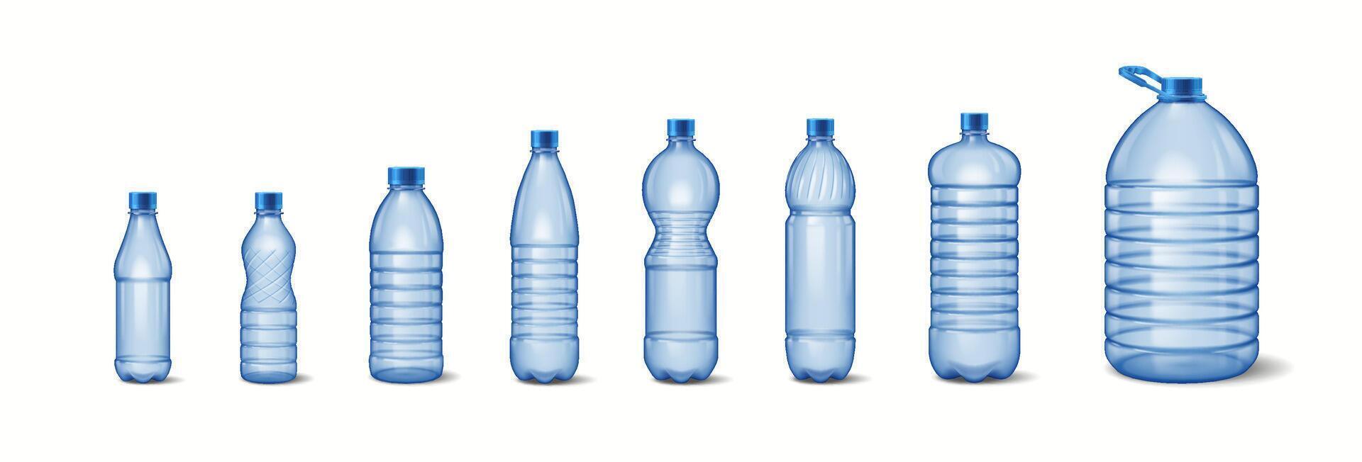 Illustration showing various plastic bottles ranging in size and shape aligned in a row. Bottles are with blue caps demonstrating variety in design. vector