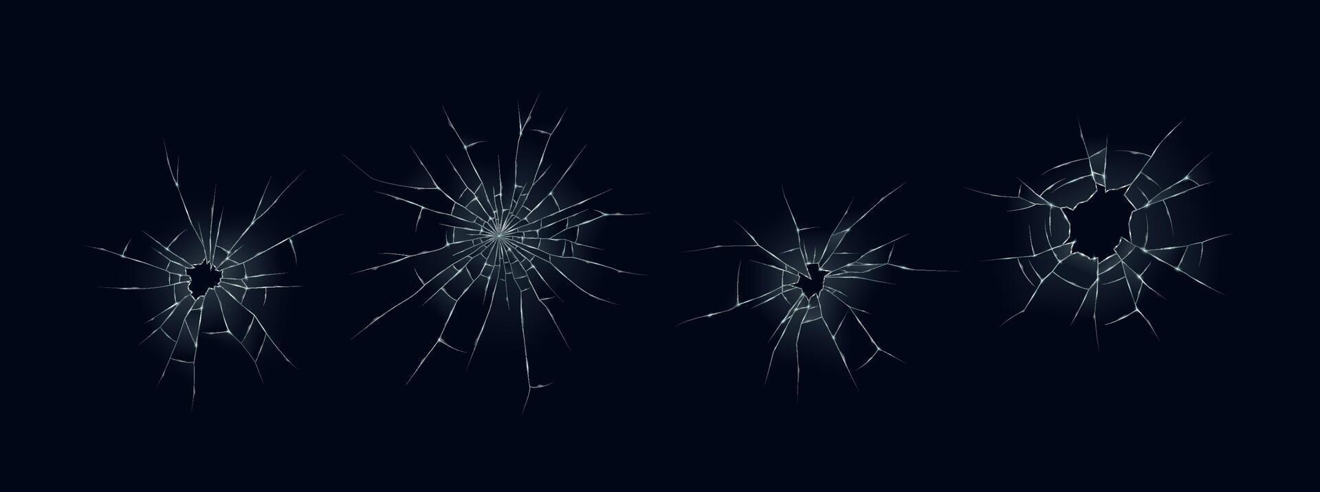illustration showcasing four realistic bullet holes in a sheet of glass. The cracks radiate from each impact point creating a shattered appearance against a dark background. vector