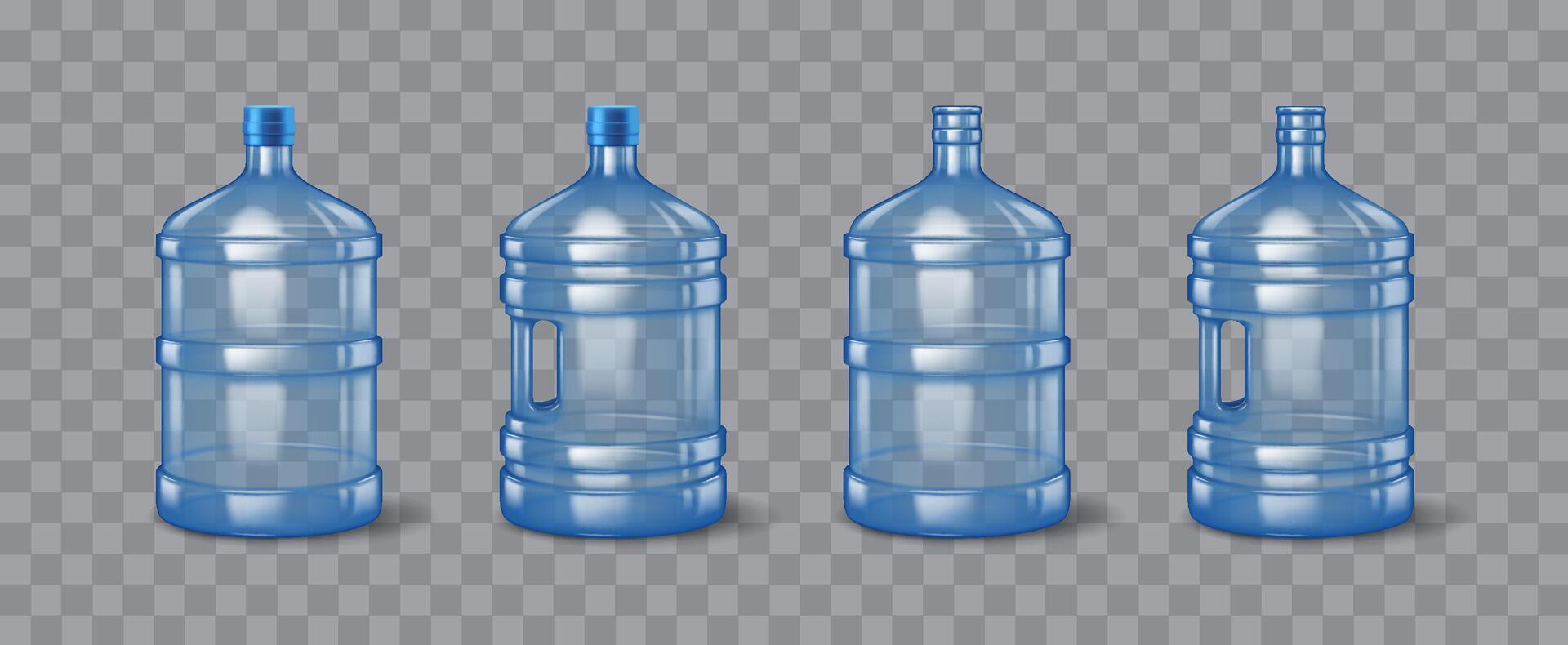A collection of four large blue water bottles arranged in a row against a background showcasing different views and designs. Ideal for product display or packaging design. vector