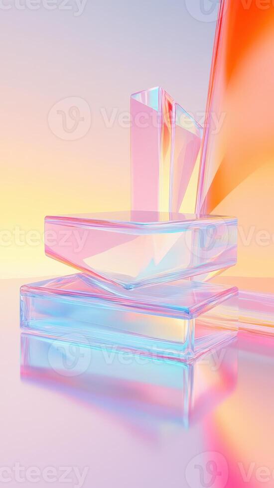 Glass cube stage colors with holographic, iridescent against glowing soft pastel geometric. Vertical format background photo