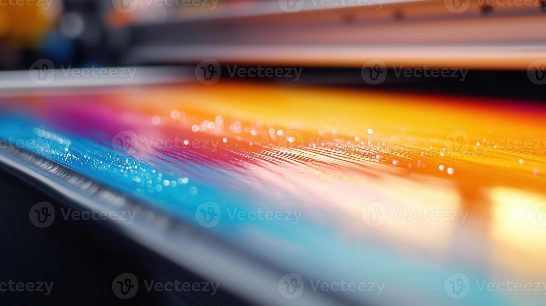 Vibrant inks flowing through a professional printing machine, colorful design with a gradient effect streaming out of a machine photo