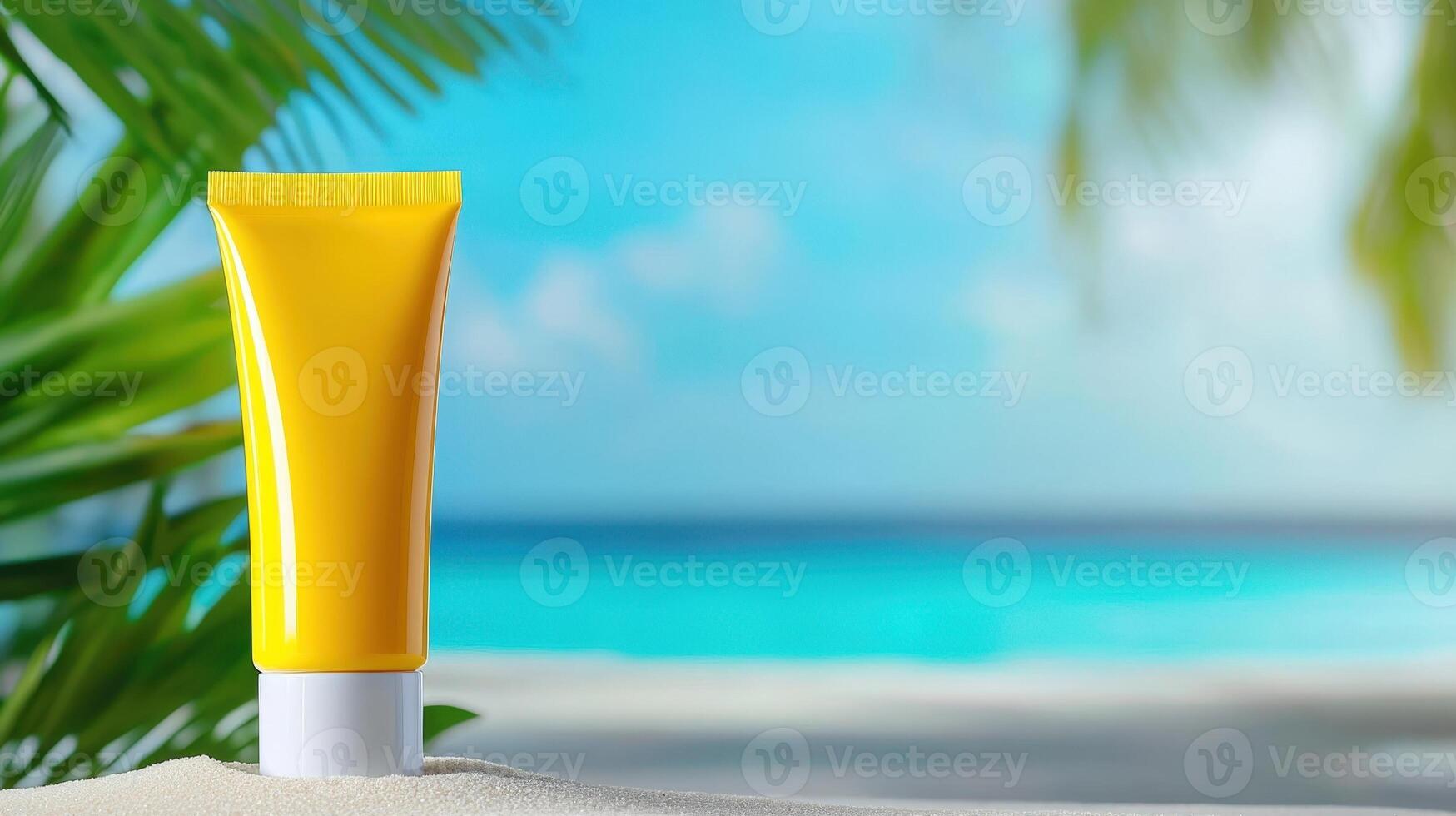 Sunscreen mockup lotion bottle in beach cosmetics cream tube container standing on white sand with tropical yellow in background photo