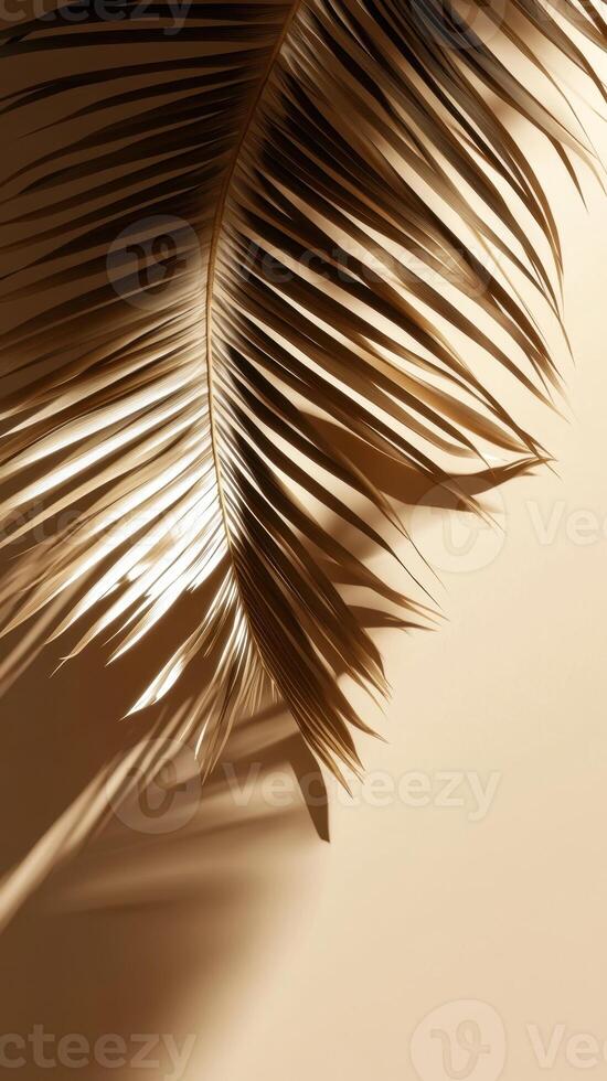 Golden abstract tropical palm leaf and elegant shadow on neutral background, evoking tropical luxury casting summer serenity photo