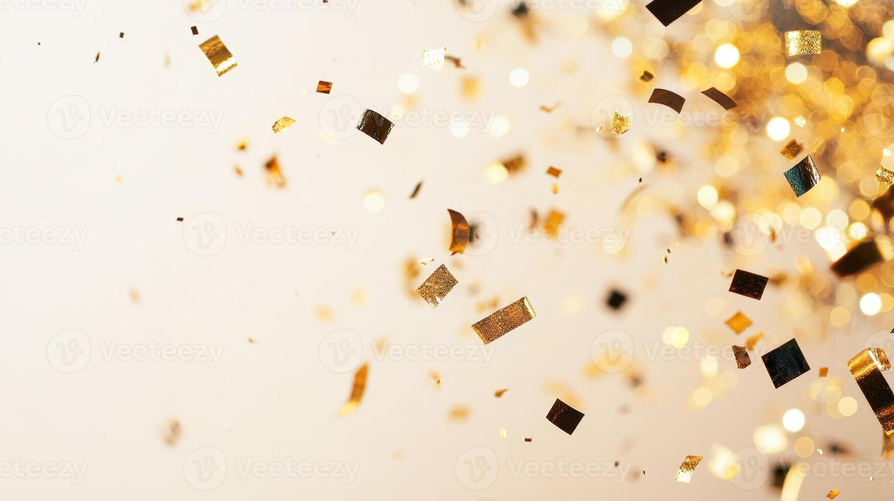 a confetti falling against Golden bright abstract background, creating a celebratory atmosphere for a special event or festive occasion bokeh Copy space for text photo