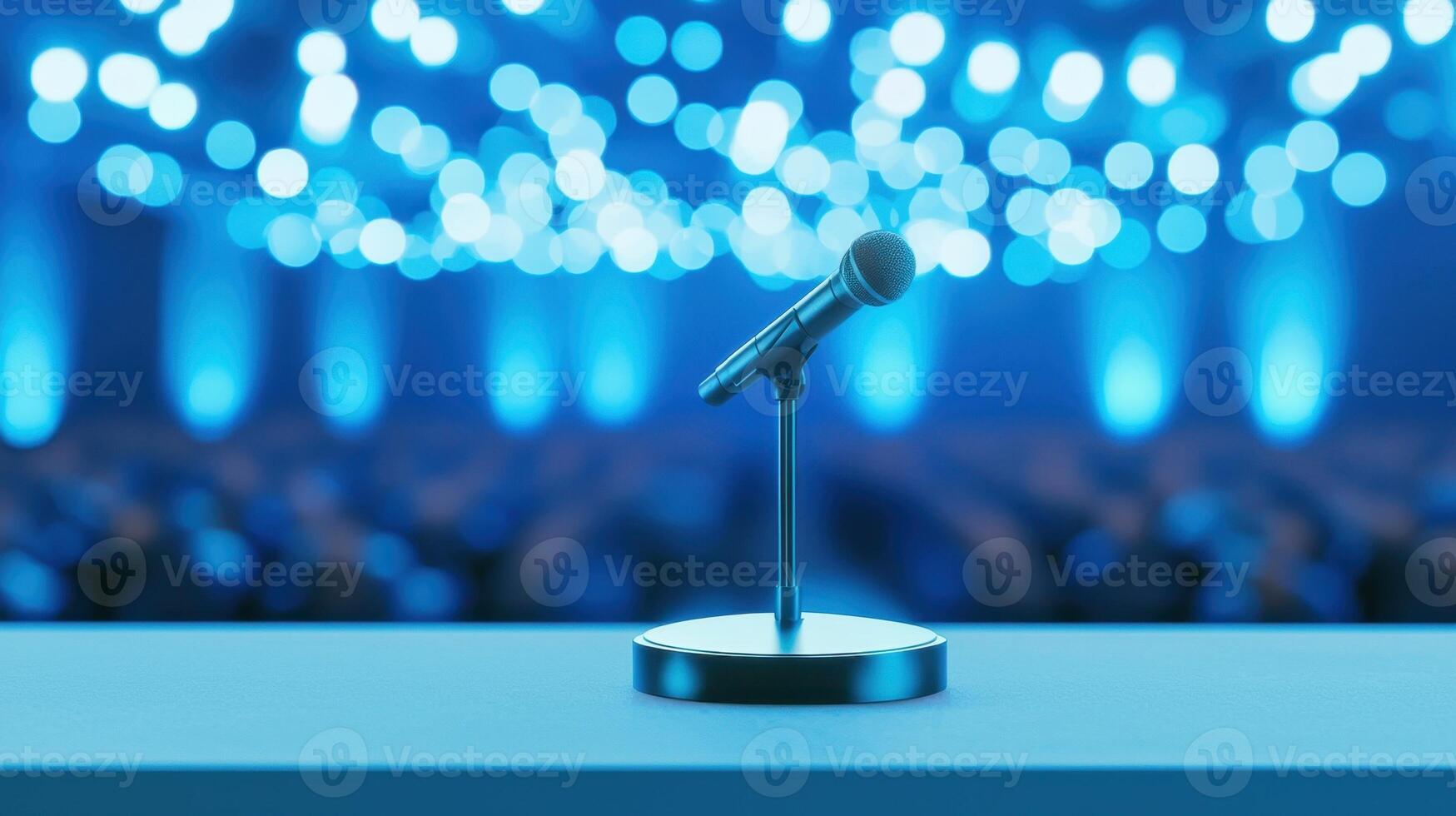 Professional microphone standing on podium, conference hall blurred behind, ready keynote presentation empty rostrum on a stage for a conference photo