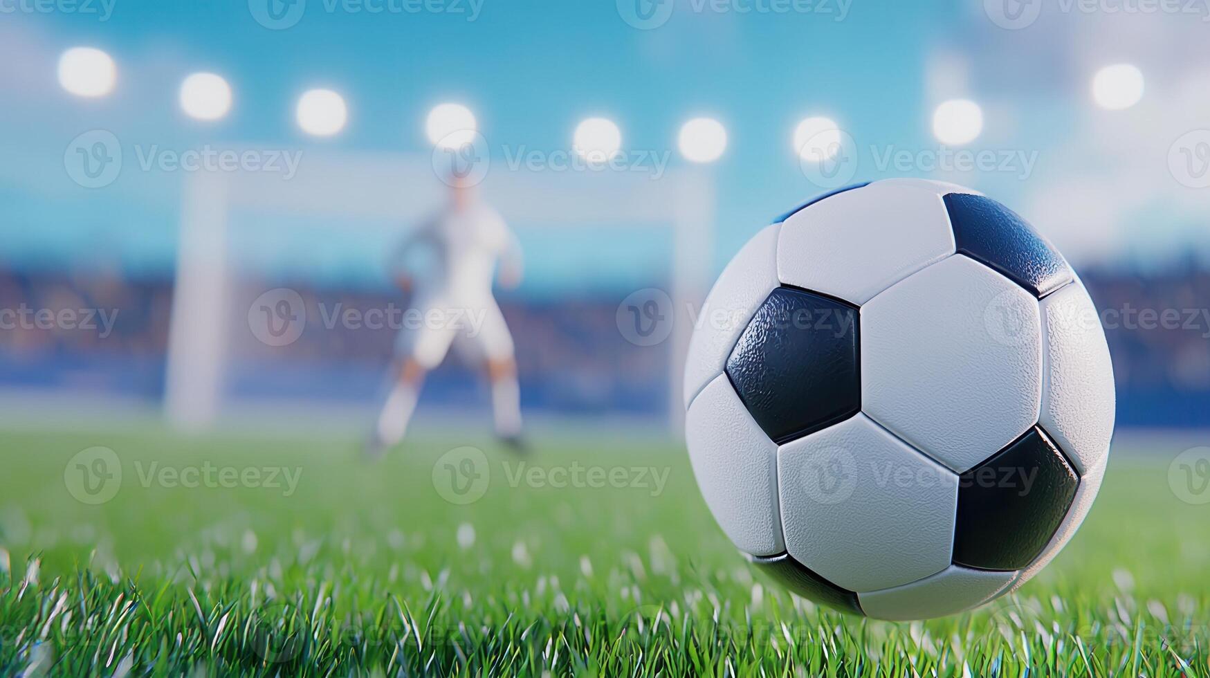 Soccer ball floating net in front of goal football sport with feel dramatic bokeh during a night match with green backgroung photo