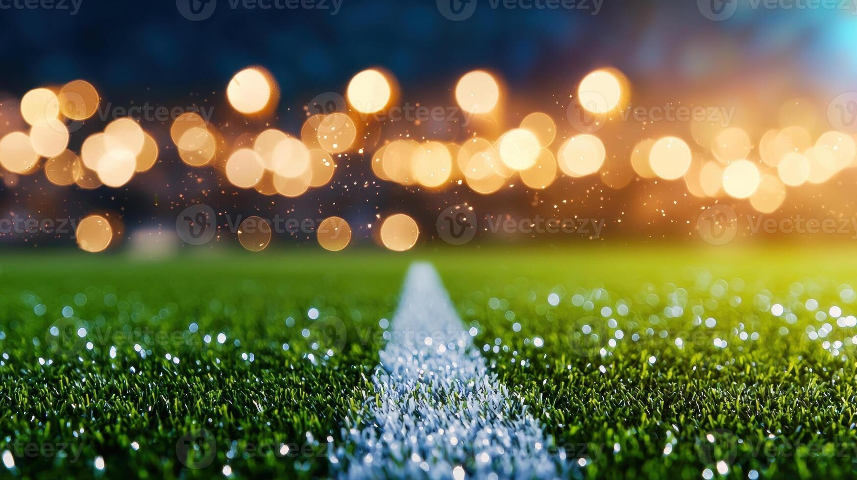 Wet football field sideline closeup with blurred stadium lighting, highlighting glistening grass and dramatic sporting environment copy space for text photo