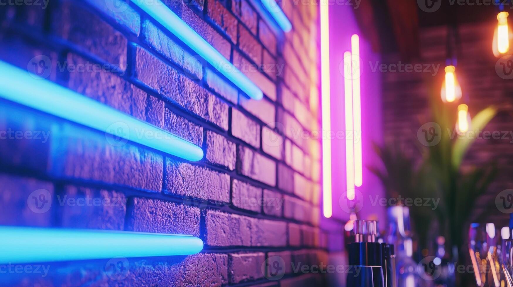 Neon lights tracing architectural, casting vivid purple and blue luminescence along brick wall contours background photo