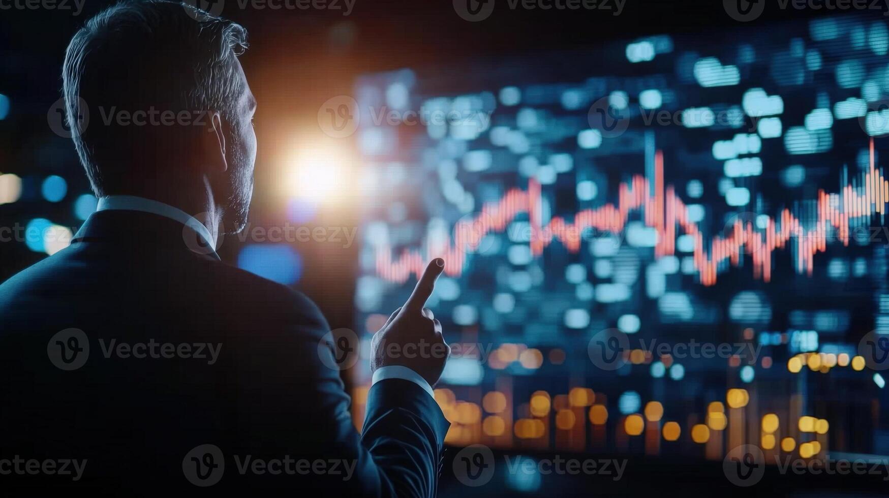 Businessman pointing growing additional market data on a digital screen with futuristic software interface 3D financial market chart screen stock displaying photo