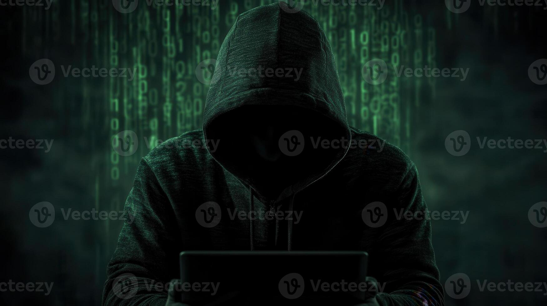 Hooded hacker typing on privacy in shadowy workspace, representing cybersecurity threat and digital laptop breach cyber risk background photo